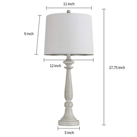 27.75 Inch USB Table Lamps Set of 2 With Built In Charging Ports, Vintage Resin Nightstand Lamps for Bedroom and Living Room, Retro Classic Bedside Desk Lamps With White Fabric Shades, showcasing one lamp with measurements.