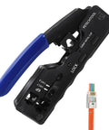 All In One RJ45 Ethernet Crimp Tool For Pass Through Connectors And RJ11 RJ45 Plugs, showing compact black and blue design