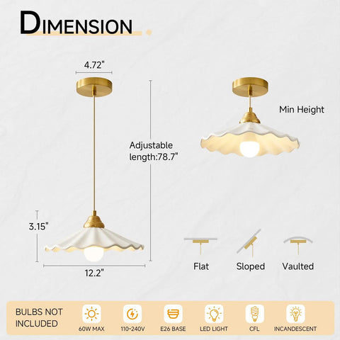 Dimensions of Premium White Scalloped Ceramic Pendant Light Adding Sweet Vintage Charm To Kitchen Islands with adjustable length.