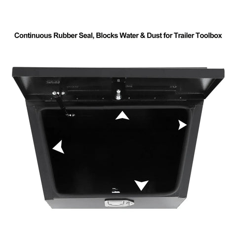 Inside view of Heavy Duty 36 Inch Trailer Tongue Tool Box With Angled Sloped Lid Steel Storage Chest, showing rubber seal.