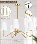 5 Light Modern Chandelier With White Fabric Shades, 30-In Brass Gold Pendant Ceiling Light For Dining Room, adjustable height