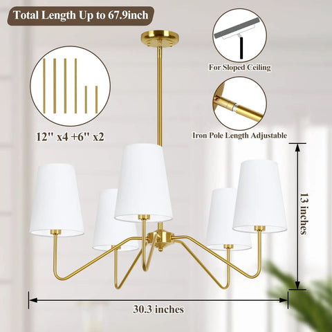 5 Light Modern Chandelier With White Fabric Shades, 30-In Brass Gold Pendant Ceiling Light For Dining Room, adjustable height
