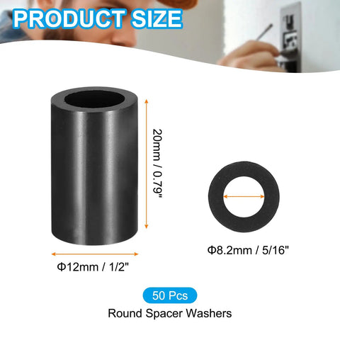 50Pcs ABS Round Spacers 8mm ID 12mm OD 20mm High Black Nylon Washers Stud Spacers For M8 Screws Bolts Barrels, Unthreaded Rubber, Keeps Panels Level And Prevents Bending, Twisting, And Short Circuits. 20mm black ABS round spacer with 12mm OD and 8.2mm ID