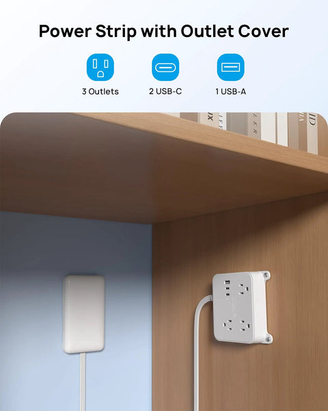 Flat Plug Power Strip With USB Ports And 3 Widely Spaced Outlets, Wall Mountable, 5ft Extension Cord under bookshelf