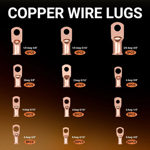 Copper wire lugs in various AWG sizes from Ultimate 227 Piece Battery Terminal End Kit For Cars And Trucks With Heavy Duty Copper Wire Lugs
