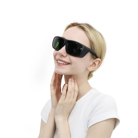 Heavy Duty Ipl Safety Glasses For Laser Hair Removal Photorejuvenation And Elight Shr Gear worn by a smiling woman.