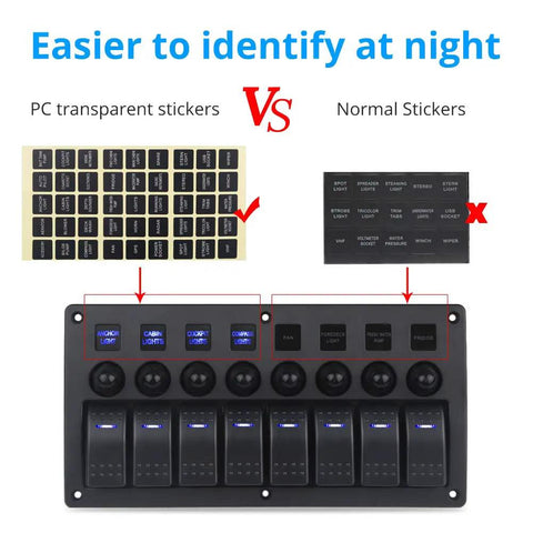 8 Gang Waterproof Toggle Rocker Switch Panel With Blue LED Indicator shows panel with transparent and normal sticker comparison