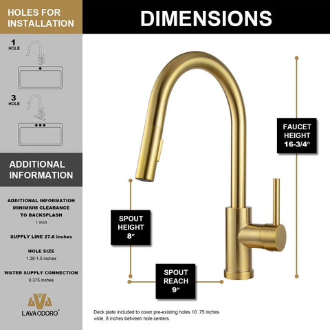 Brushed Gold Kitchen Faucet With Pull Down Sprayer Solid Brass Construction Single Hole Mount With Deck Plate One Handle