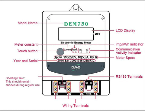 Diagram of Electric kWh Submeter 1 Phase 3 Wire with RS485 120 to 240V 50A Internal CT connections and features.