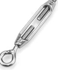 Close-up of a single M4 hook and eye turnbuckle showing threading, part of 12 Pack M4 Hook And Eye Turnbuckles For Cable Rope Tension, 304 Stainless Steel