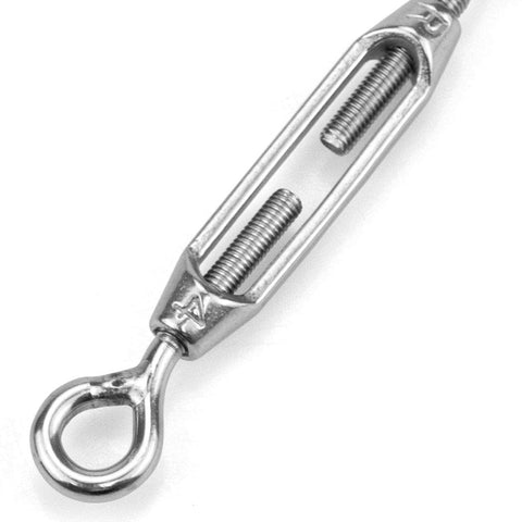 Close-up of a single M4 hook and eye turnbuckle showing threading, part of 12 Pack M4 Hook And Eye Turnbuckles For Cable Rope Tension, 304 Stainless Steel