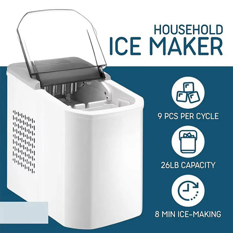 No Sweat Countertop Bullet Ice Cube Maker With 1.1 Liter Tank Drops Fresh Ice In Just 8 Minutes Featuring Rapid Freeze Performance And Easy Auto Rinse For Your Busy Kitchen Or Sweet Backyard Cookouts Real Deal Compact Chill Unit, showing open lid and tank.