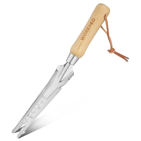 Five In One Garden Weeder Tool With Stainless Steel Head And Wooden Handle, perfect for yard and garden tasks, close-up view.