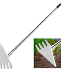 2-In-1 Garden Hoe And Weed Rake With Adjustable Long Handle, Stainless Steel for Weeding and Digging on soil background