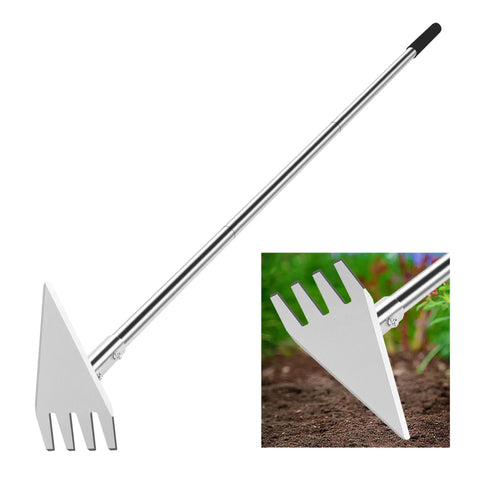 2-In-1 Garden Hoe And Weed Rake With Adjustable Long Handle, Stainless Steel for Weeding and Digging on soil background
