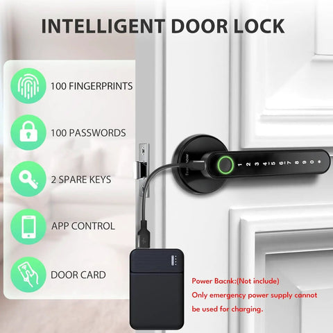 Smart Door Lock With Knob Keyless Entry Entry Handle Home Security Fingerprint Door Knob For Bedroom Front Door Or Apartment Generate Passcodes Remotely Black installed on white door