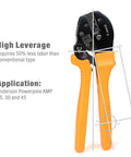 Power Wire Crimping Tool For 15, 30, And 45 Amp Quick Disconnect Terminals with orange handles, high-leverage design.