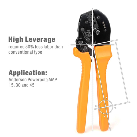 Power Wire Crimping Tool For 15, 30, And 45 Amp Quick Disconnect Terminals with orange handles, high-leverage design.