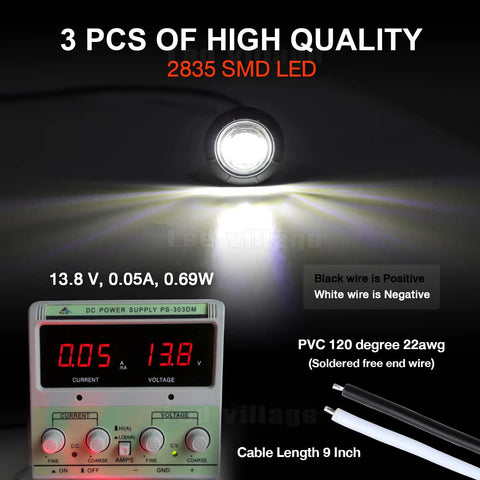 Lit 3 pcs 2835 SMD LED showing 13.8V, 0.05A on power supply, 100 Pack Three Quarter Inch Clear Lens White LED Bullet Side Marker