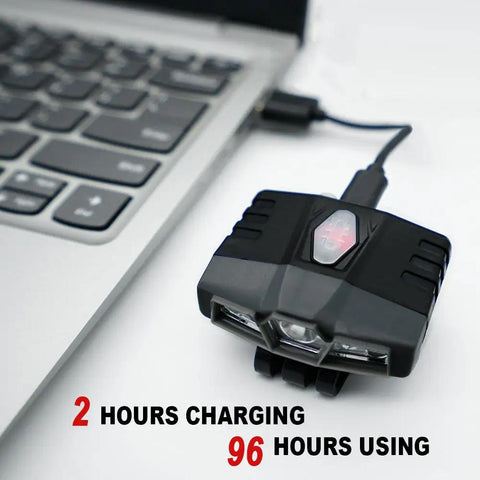 Ultra Bright Mini Clip On LED Hat Light charging via USB next to a laptop, text reads '2 hours charging, 96 hours using'