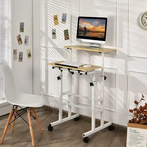Hassle Free Rolling Height Adjustable Standing Desk With Easy Glide Casters And Extra Roomy Laptop Tray in cozy home office setup.