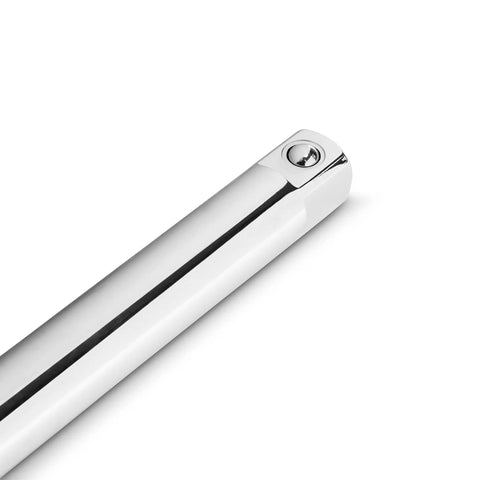 Close-up of chrome extension from 20 Piece Drive Extension Set With 1/4, 3/8, And 1/2 Inch Drives, Universal Joint And Adapters For Tight Access.