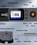 Pro Grade Surface Roughness Tester With 5 Micron Diamond Stylus, High Precision Digital Profilometer For Engineering And Lab Use, Multi Parameter Surface Finish Meter Measuring Ra Rz Rq Rt Rp Rv Rsk Rku And More. Front view with screen and controls