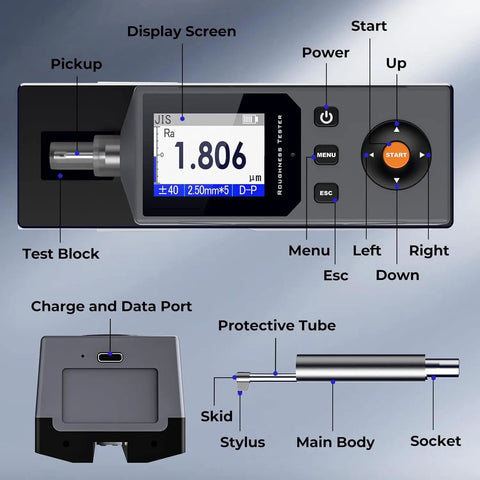 Pro Grade Surface Roughness Tester With 5 Micron Diamond Stylus, High Precision Digital Profilometer For Engineering And Lab Use, Multi Parameter Surface Finish Meter Measuring Ra Rz Rq Rt Rp Rv Rsk Rku And More. Front view with screen and controls