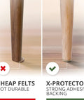 Comparison of cheap felt with X-Protector on wooden chair legs, highlighting durability and adhesive backing.