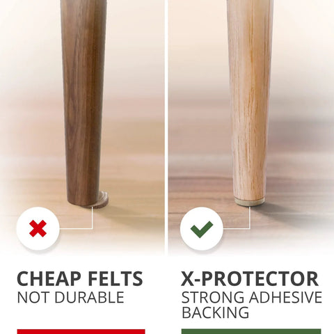 Comparison of cheap felt with X-Protector on wooden chair legs, highlighting durability and adhesive backing.
