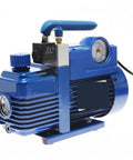 Pro Shop Heavy Duty Single Stage Rotary Vane Vacuum Pump For Home AC HVAC Setup with blue casing and built-in gauge.