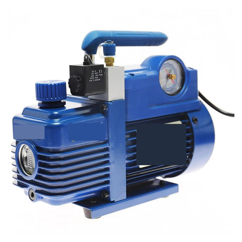 Pro Shop Heavy Duty Single Stage Rotary Vane Vacuum Pump For Home AC HVAC Setup with blue casing and built-in gauge.