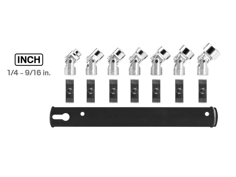 1/4 Inch Drive 6 Point Universal Joint Socket Set With Rail, 7 Piece Featuring Shallow 6 Point Sockets for automotive repairs