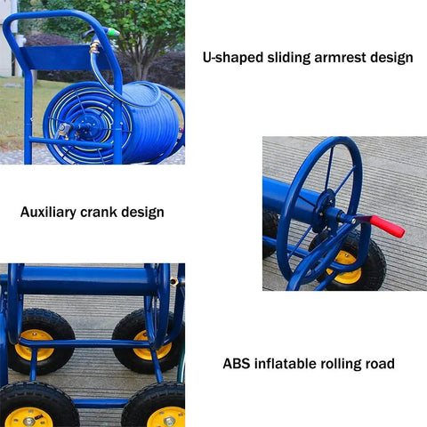 Rock Solid Heavy Duty Garden Hose Reel Cart With Smooth Rolling Steel Frame And No Nonsense Brass Fittings, featuring U-shaped armrest.