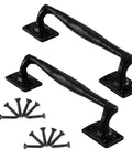 Nine and Three Quarters Inch Rustic Cast Iron Gate Handle for Sliding Barn Doors Vintage Metal Gate Pull Long Cabinet and Fence Handles Heavy Duty Black Finish Easy Install Ideal for Garage Outdoor Closet Interior Weatherproof and Durable 2 Pack showing two handles and screws