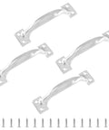 Pack Of 4 Bow-Shaped Gate Handles For Cabinets, Wardrobes, Doors, Drawers, And Fences with included screws shown in silver finish.