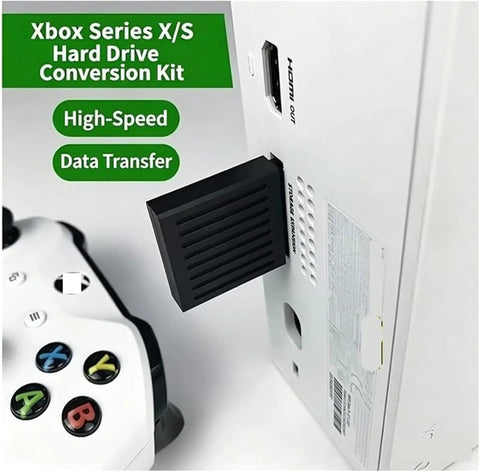 M.2 NVMe Expansion Card For Xbox Series X And S 1TB PCIe 4.0 2230 Solid State Storage Drive attached to console's rear.