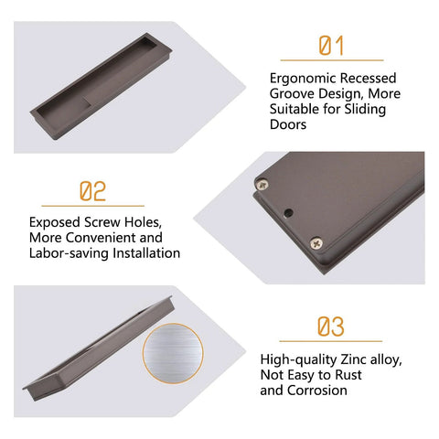 Zinc Alloy Flush Pull Handles Set Of 2 For Sliding Doors And Drawers, brown finish, showing recessed design and installation features