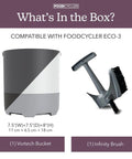 Double Your Kitchen Composting Capacity With Eco 3 Bucket And Infinity Brush Pack showing bucket and brush dimensions, sustainable white.