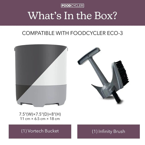 Double Your Kitchen Composting Capacity With Eco 3 Bucket And Infinity Brush Pack showing bucket and brush dimensions, sustainable white.