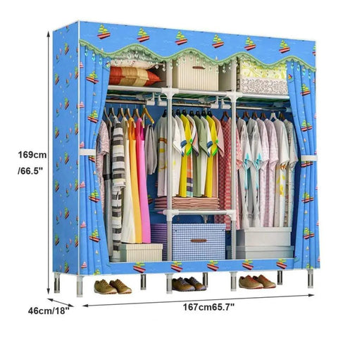 Roomy Portable Canvas Wardrobe Closet Storage Organizer Built Tough With Heavy Duty 25mm Steel Pipes And Door Hook To Max Out Your Gear features colorful design with multiple clothing and shoe storage.