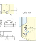 Technical diagram of Set of 2 Frameless Glass Cabinet Door Hinges for Bathrooms, Clamp Style, with dimensions and installation guide.