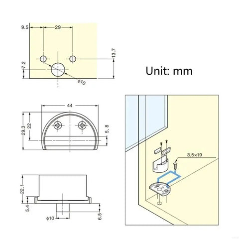 Technical diagram of Set of 2 Frameless Glass Cabinet Door Hinges for Bathrooms, Clamp Style, with dimensions and installation guide.