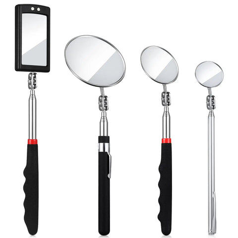 Telescoping Inspection Mirror Set With LED Light For Cars And Small Parts shown with four adjustable mirrors and durable metal frames