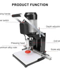 Front view of electric hinge drilling machine with aluminum alloy ruler, depth adjustment, pressing head, and drill bit.
