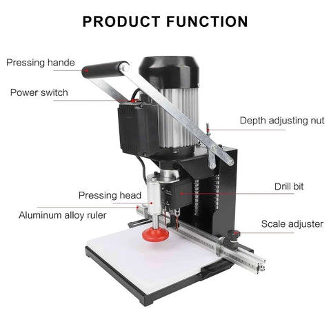 Front view of electric hinge drilling machine with aluminum alloy ruler, depth adjustment, pressing head, and drill bit.