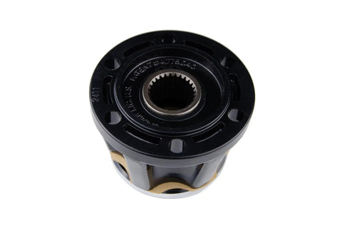 Close-up of Premium Manual Locking Hub Pair For Classic Jeep CJ And Scout II With Six Bolt 27 Spline, top view.