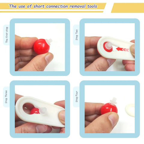 Four-step guide using the short link remover tool from the Must Have 240 Piece Molecular Model Kit For Chemistry Class.