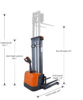 Tory 3300 Lb Capacity Electric Pallet Stacker With 130 Inch Lift Height And Adjustable Forks, side view showing height specifications.