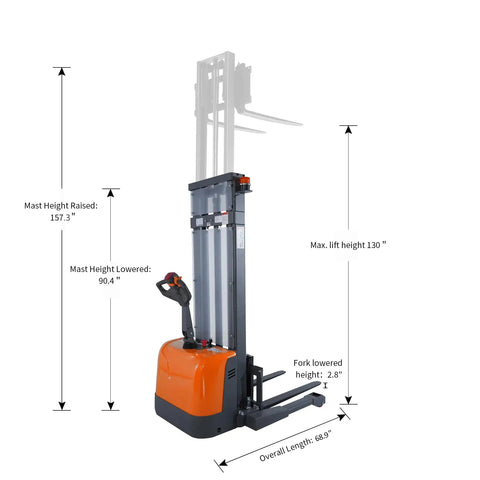 Tory 3300 Lb Capacity Electric Pallet Stacker With 130 Inch Lift Height And Adjustable Forks, side view showing height specifications.